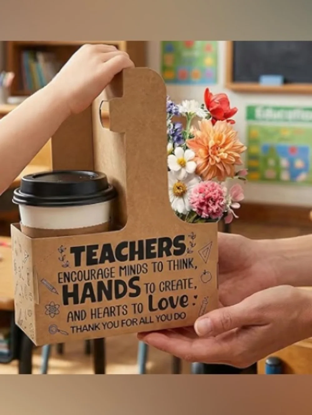 ❤️New - Teacher Appreciation Gift Set 24pc – Kraft Cup Holder w/Tags & Ribbon🍎✏️